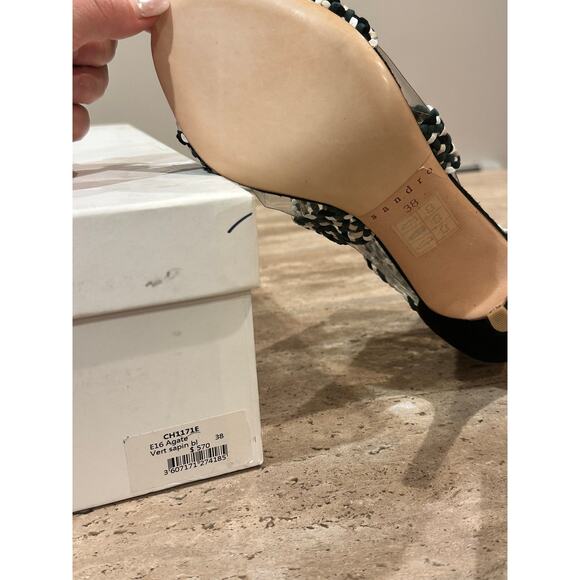 NEW Sandro Agate Vert Sapin Green Black Woven Strap Open Toe Heel Sandal 38 - Picture 10 of 10